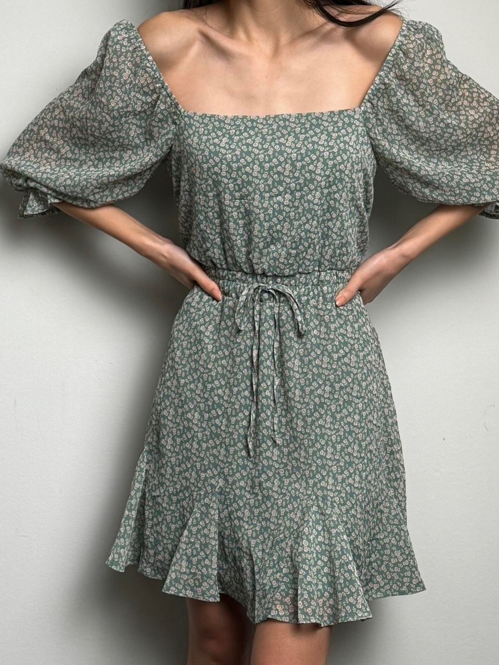 miami Sage Green Floral Square-Neck Mini Dress